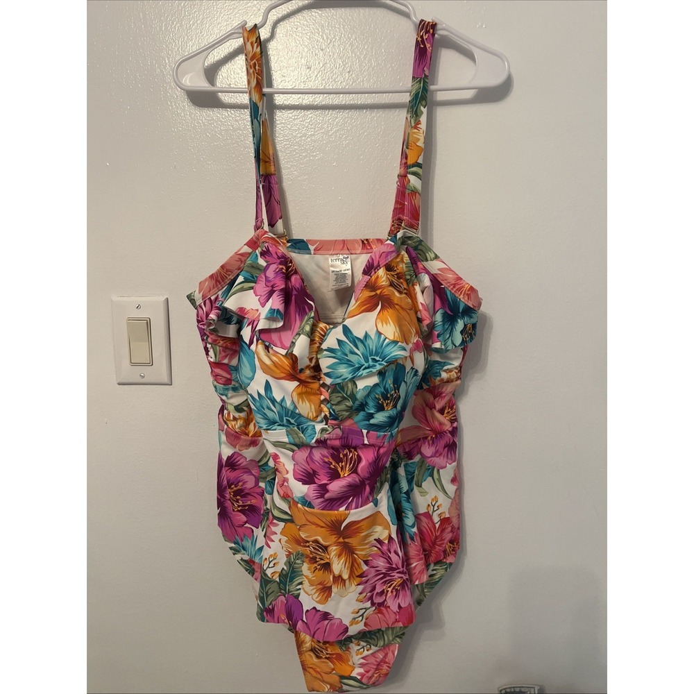 Terra & Sky One Piece Swimsuit 3x (24W-26W) Floral Ruffle Peplum Tummy Control